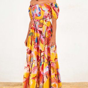 Farm Rio Neon Macaws Puff Sleeve Cotton Maxi Dress